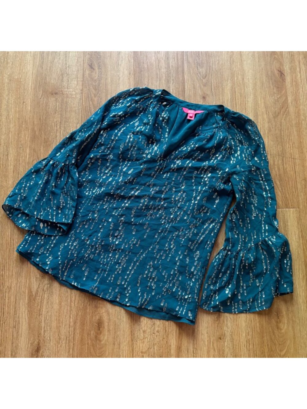Lilly Pulitzer Matilda Silk Long Sleeve Blouse Inky Tidal Fish Clip Chiffon XS